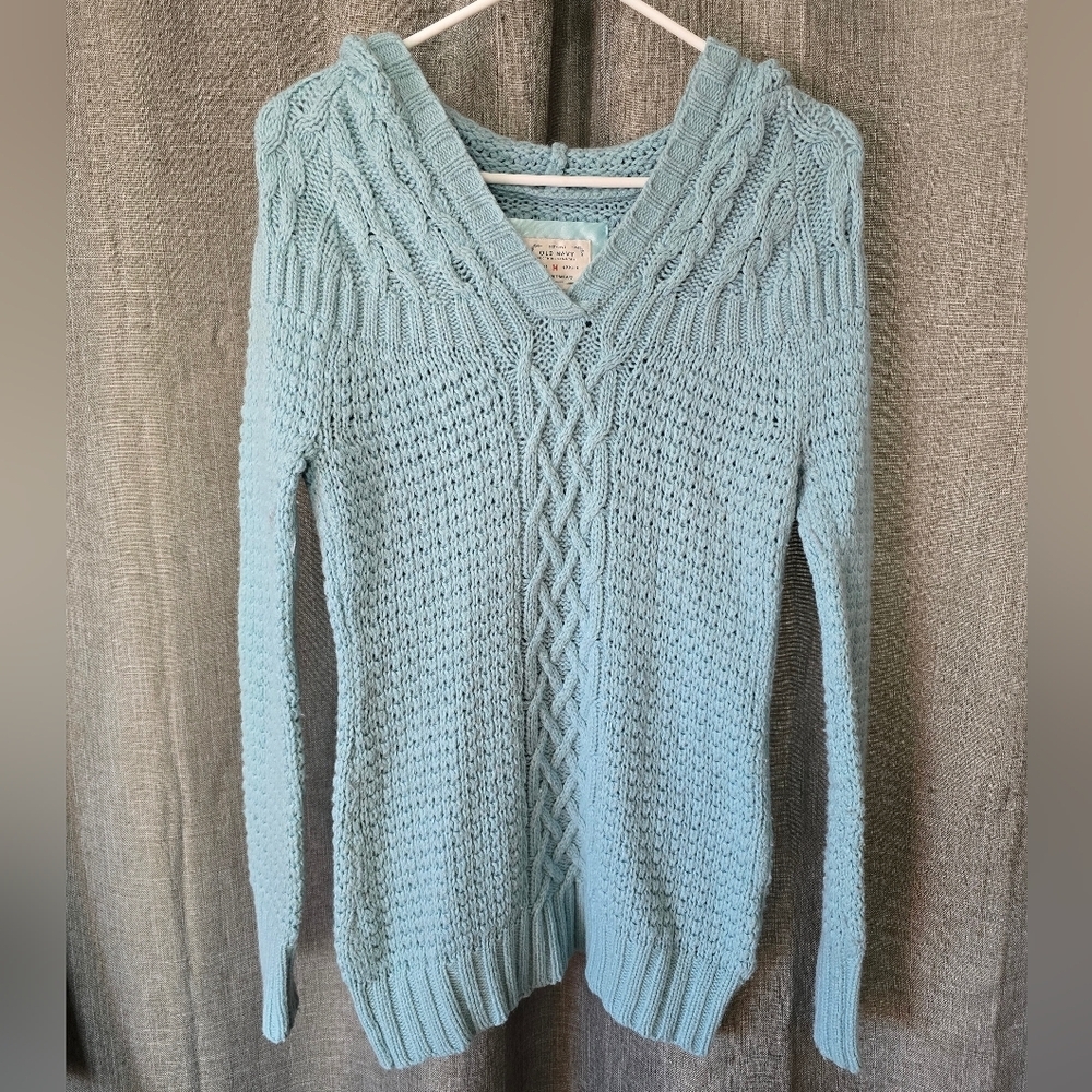 Old Navy Y2k Light Blue Hooded Cable Knit Sweater Pullover V Neck Sz M Lambswool
